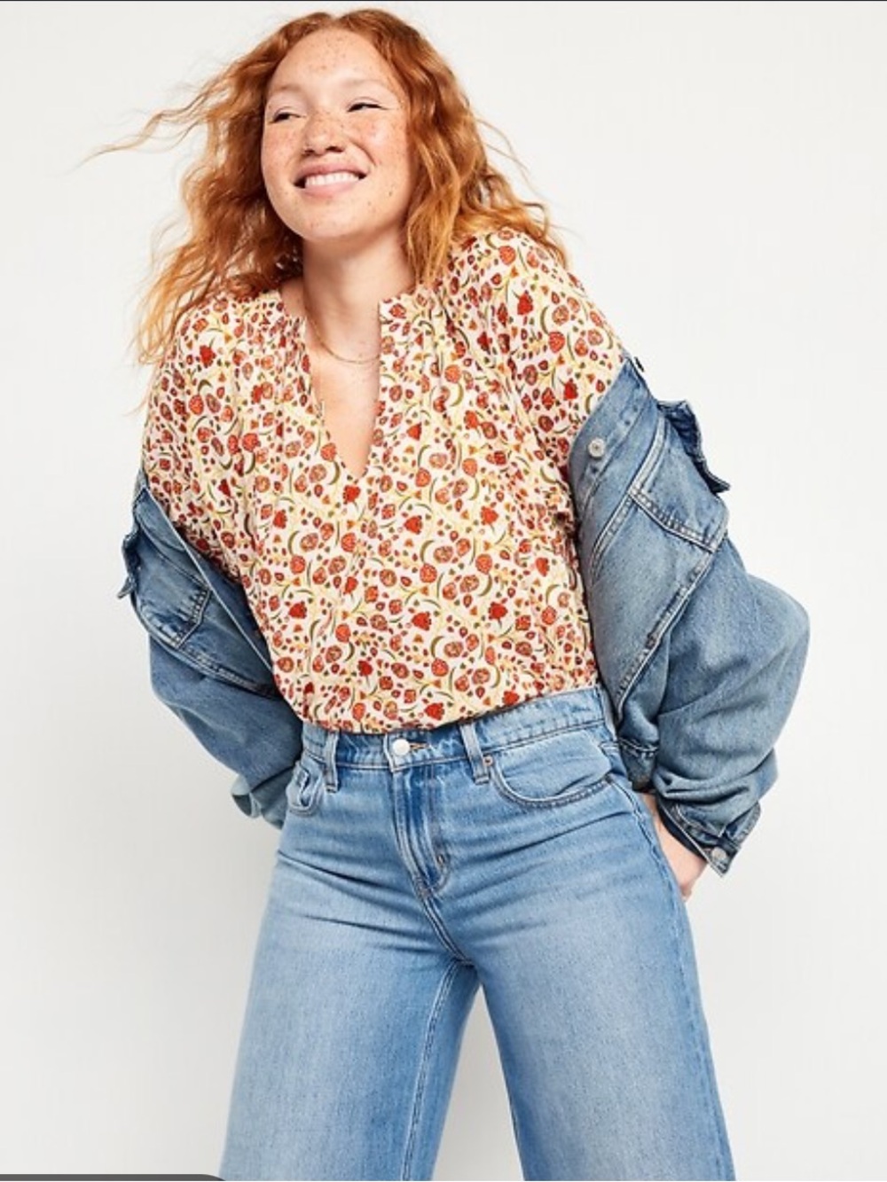 Old Navy | Split v-neck long sleeve loose fit floral peasant blouse size large